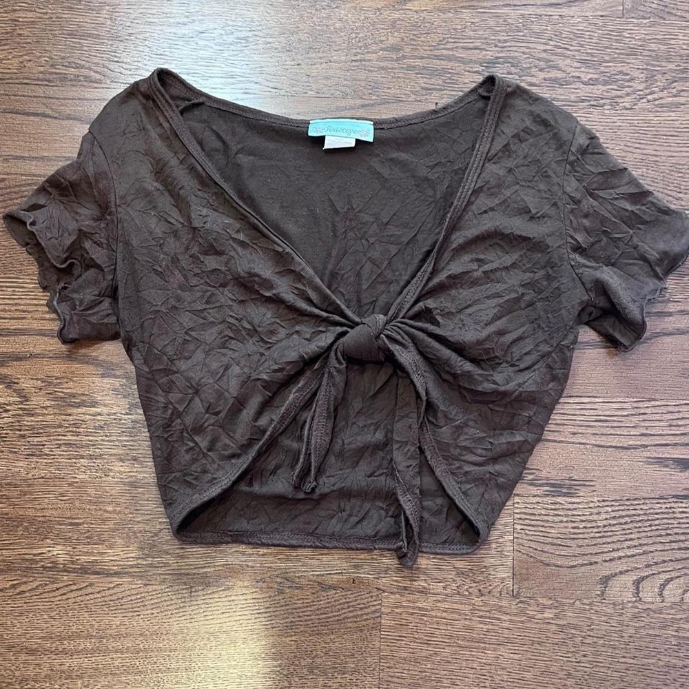 y2k brown crinkle cropped tie cardigan medium f